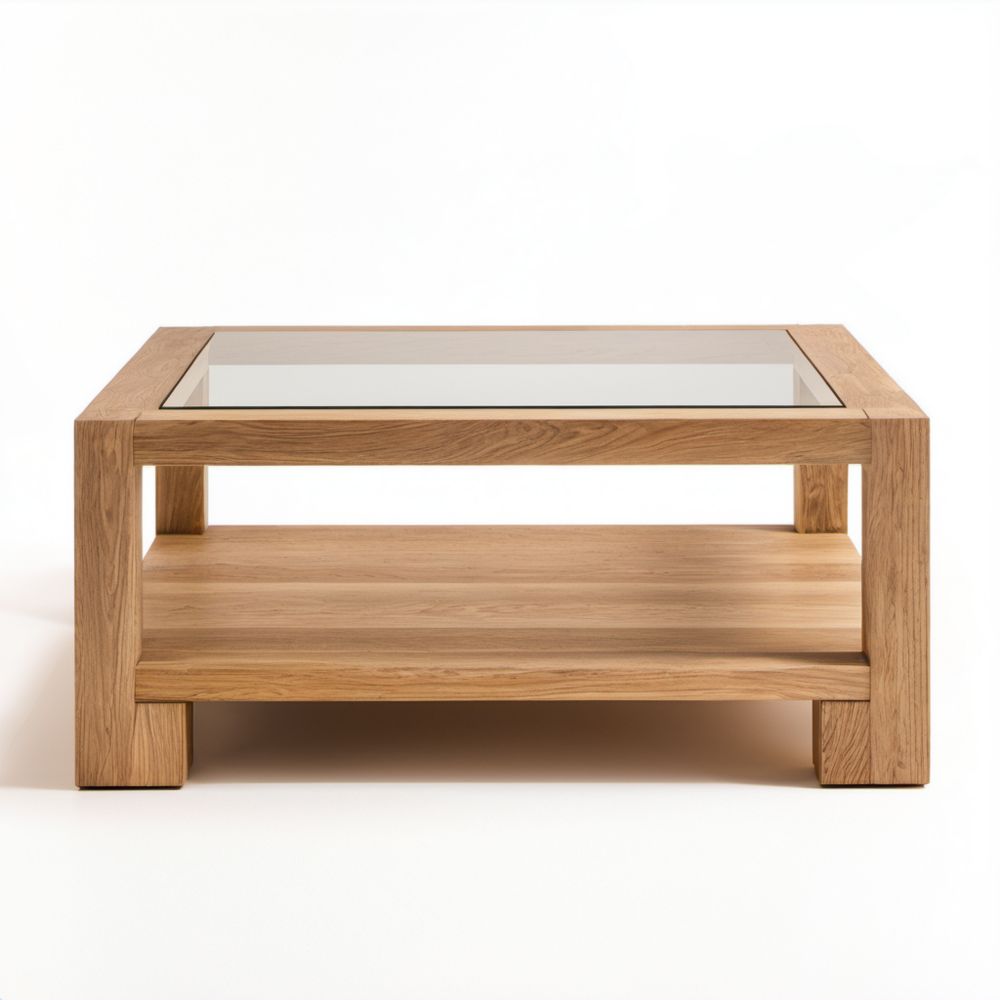Prostokątny stolik kawowy z litego dębu ze szkłem 100 x 60 x 45 cm