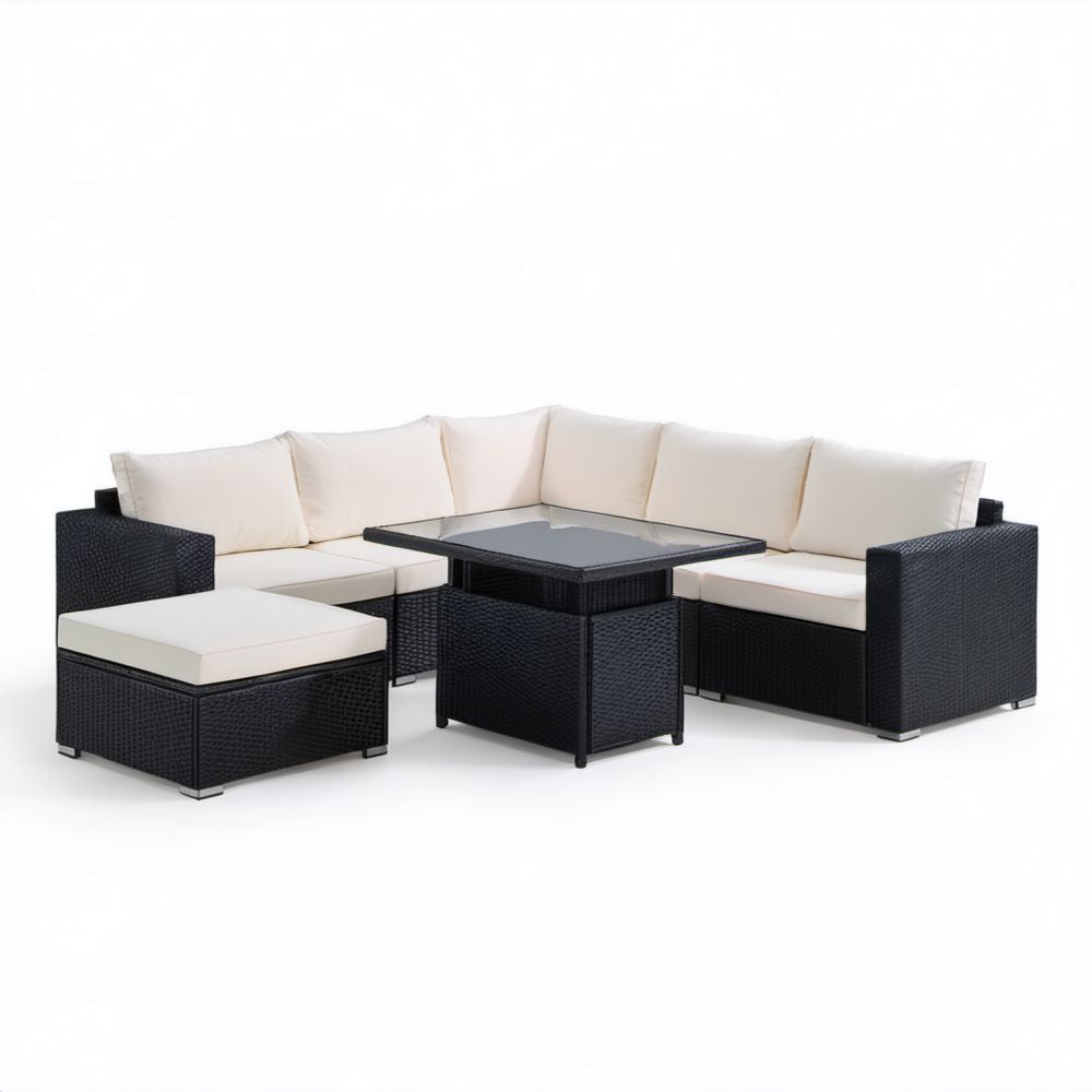 Narożny zestaw wypoczynkowy ogrodowy z technorattanu, czarno-kremowy, sofa 180 × 180 × 65 cm, stół 110 × 60 × 70 cm, pufa 60 × 60 × 35 cm