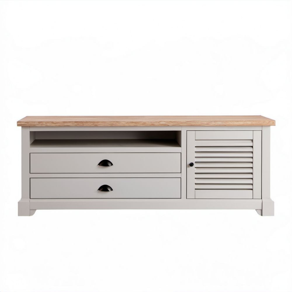 Szara szafka RTV MDF z dębowym blatem 120 x 40 x 55 cm