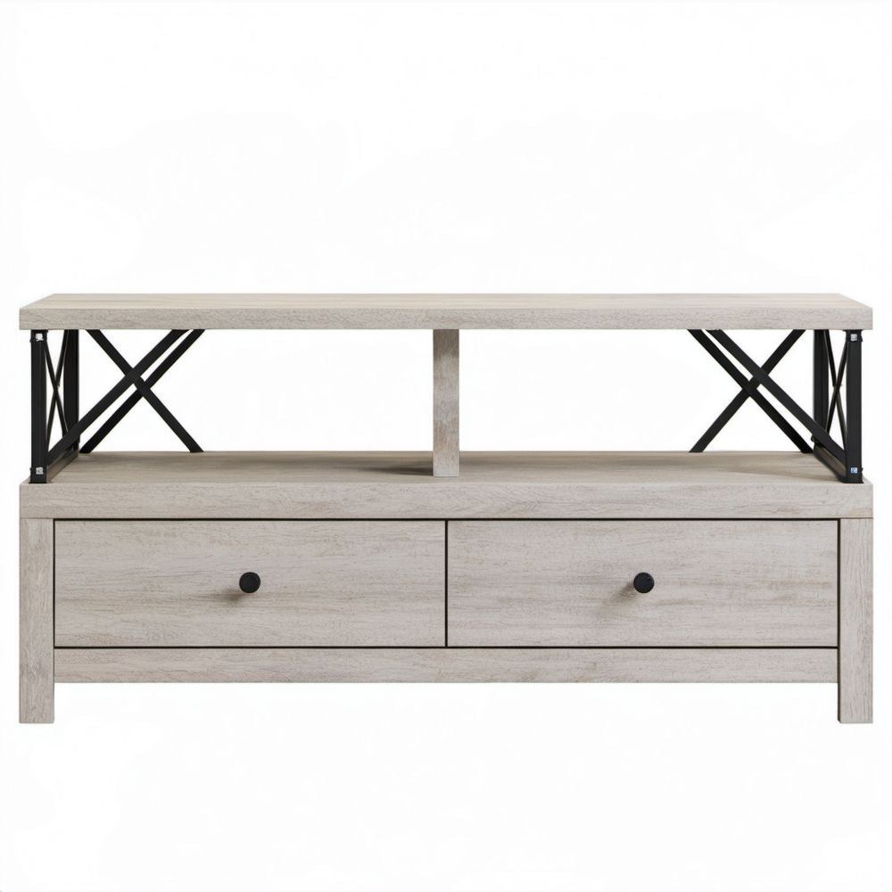Jasnoszara szafka RTV z płyty MDF i stali 150 × 40 × 60 cm z 2 szufladami