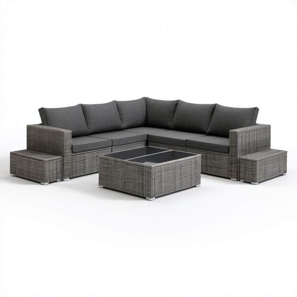 Ogrodowy zestaw mebli z technorattanu: sofa narożna 190 × 190 cm, stolik 70 × 70 cm i 2 pufy, szary/antracytowy