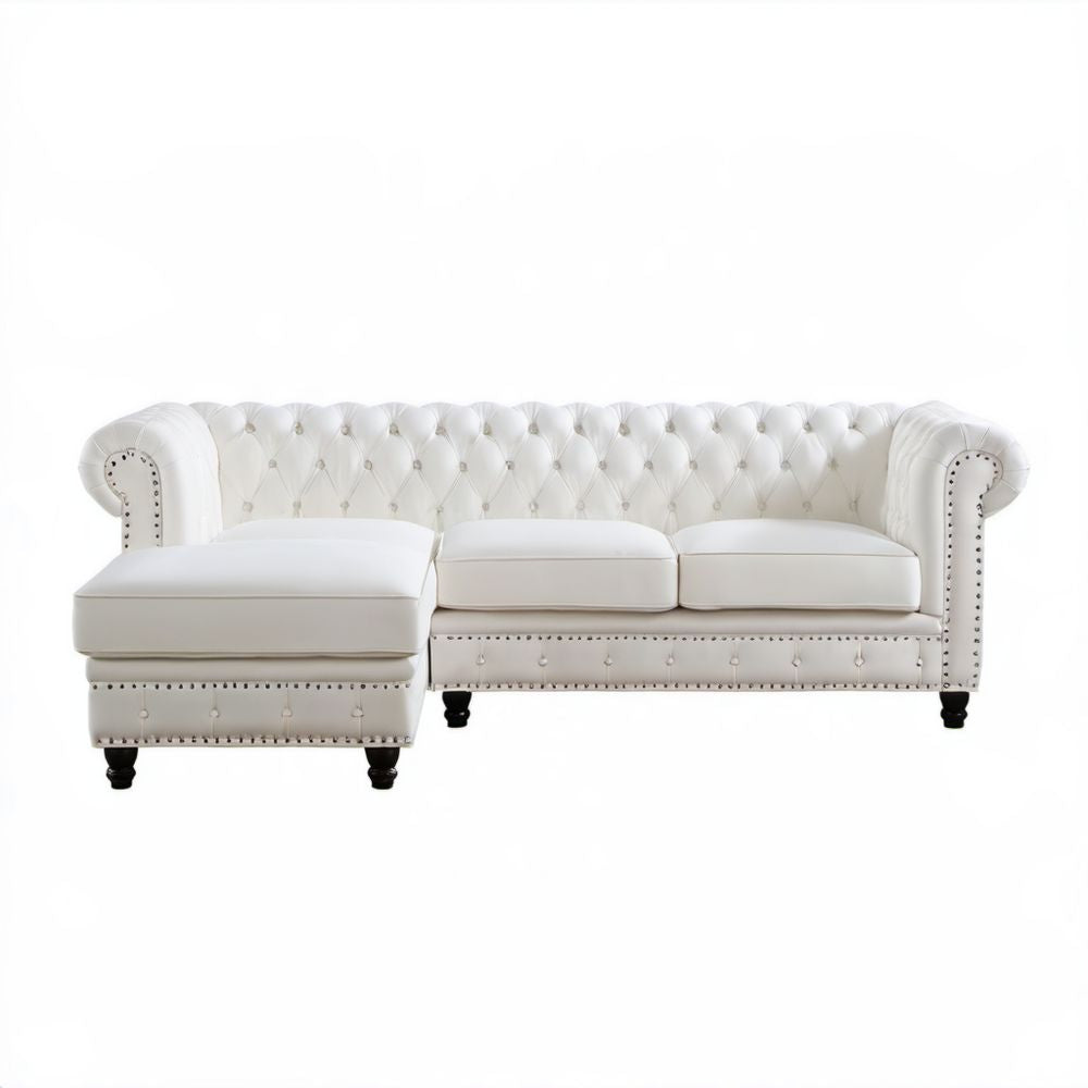 Biała narożna sofa Chesterfield ze skóry PU z leżanką 280 x 160 x 78 cm
