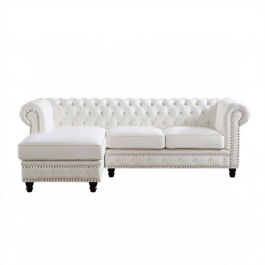 Biała narożna sofa Chesterfield ze skóry PU z leżanką 280 x 160 x 78 cm