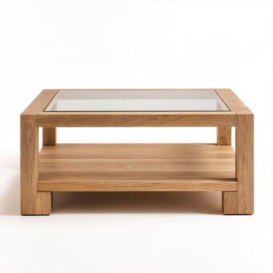 Prostokątny stolik kawowy z litego dębu ze szkłem 100 x 60 x 45 cm