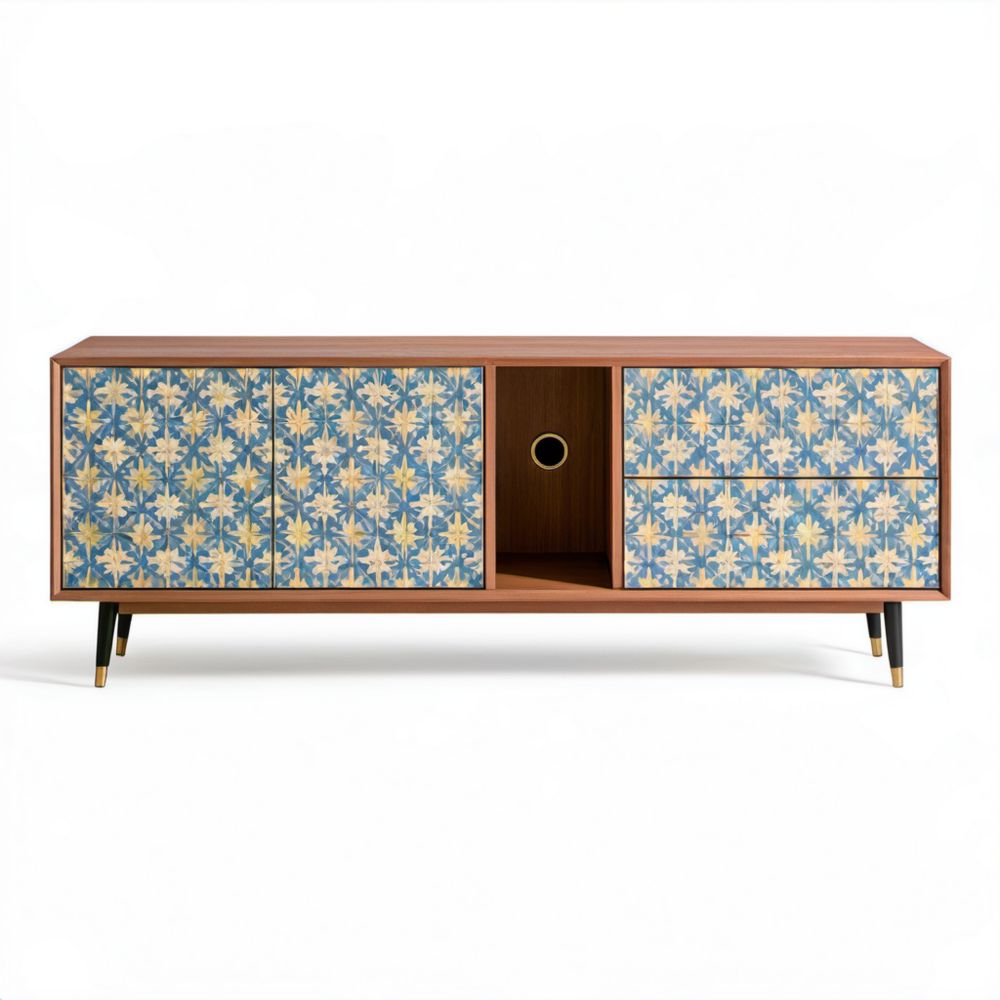 Szafka RTV z płyty MDF brązowo-niebieska z roślinnym wzorem 180 × 40 × 70 cm