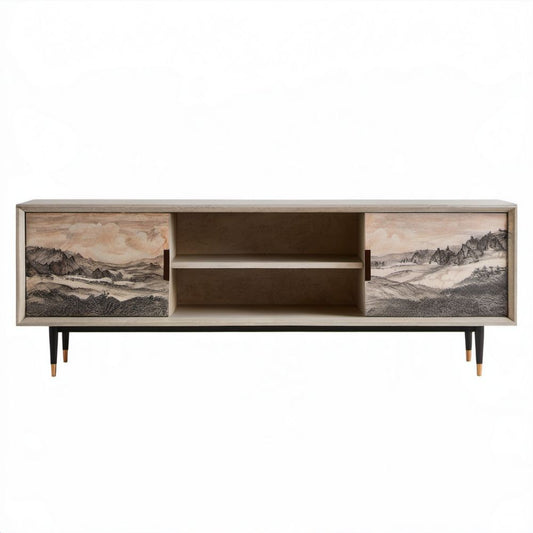 Beżowa szafka RTV z płyty MDF i stali, 160 × 40 × 55 cm
