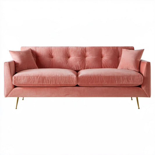 Trzyosobowa sofa aksamitna różowa ze złotymi metalowymi nogami, 210 x 86 x 84 cm