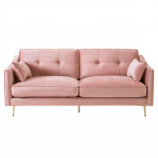 Trzyosobowa sofa aksamitna różowa ze złotymi metalowymi nogami, 210 x 86 x 85 cm