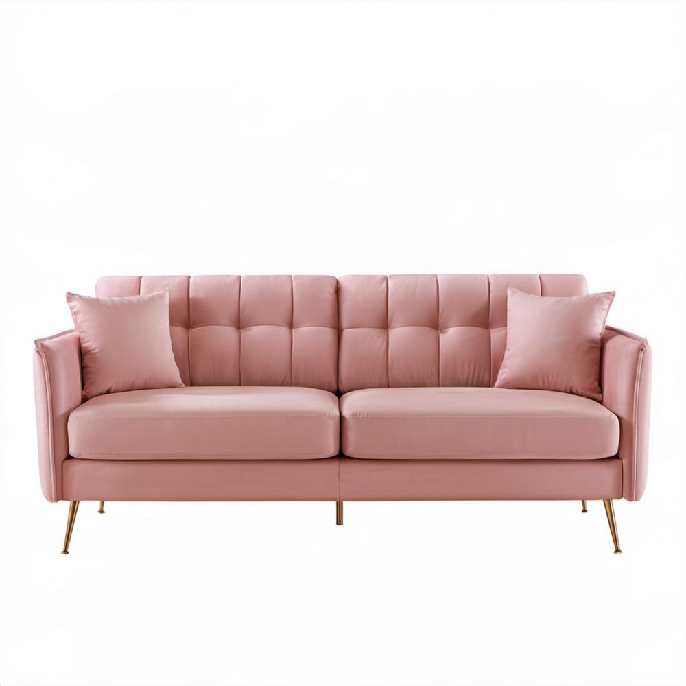 Trzyosobowa sofa z poliestru różowa ze złotymi metalowymi nogami, 210 x 86 x 84 cm