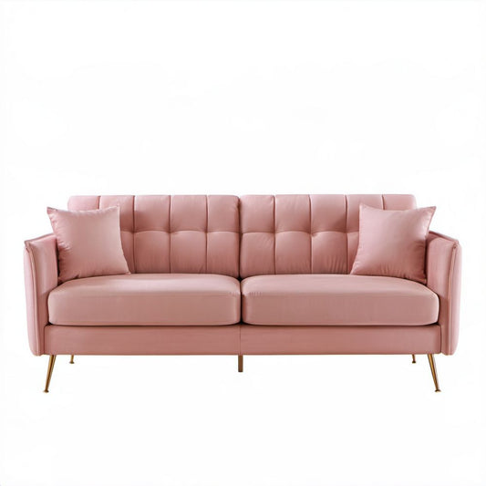 Trzyosobowa sofa z poliestru różowa ze złotymi metalowymi nogami, 210 x 86 x 84 cm