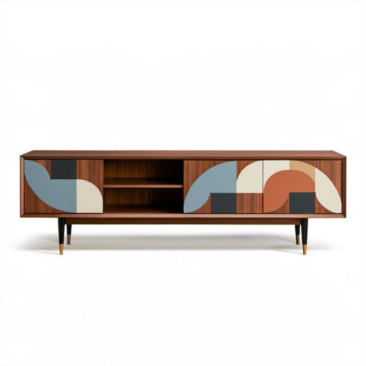 Orzechowa szafka RTV z płyty MDF 180 x 40 x 65 cm na czarnych stalowych nogach