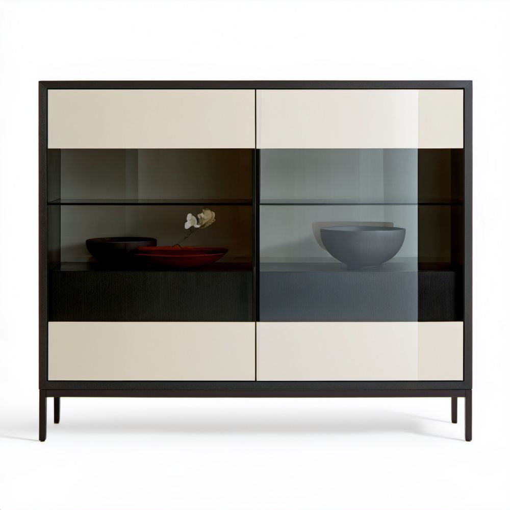 Kredens dwudrzwiowy czarny i kremowy z MDF i szkła hartowanego, 120 × 40 × 140 cm