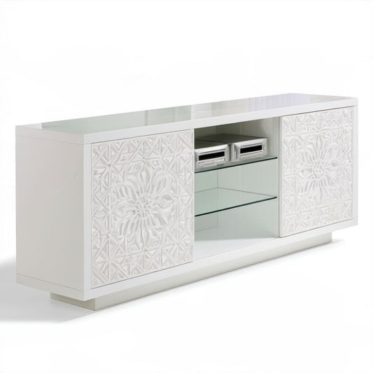 Biała szafka RTV z MDF i szkła 160 x 40 x 75 cm