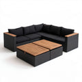 4-osobowy narożnik ogrodowy ze stolikiem, czarny technorattan PE i drewno akacjowe, sofa 210 × 210 cm, stolik 100 × 50 cm