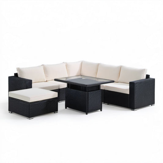 Narożny zestaw wypoczynkowy ogrodowy z technorattanu, czarno-kremowy, sofa 180 × 180 × 65 cm, stół 110 × 60 × 70 cm, pufa 60 × 60 × 35 cm