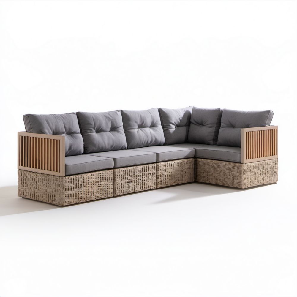 5-osobowa narożna sofa ogrodowa z technorattanu PE, szara, 260 x 200 x 80 cm