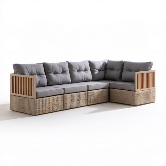 5-osobowa narożna sofa ogrodowa z technorattanu PE, szara, 260 x 200 x 80 cm