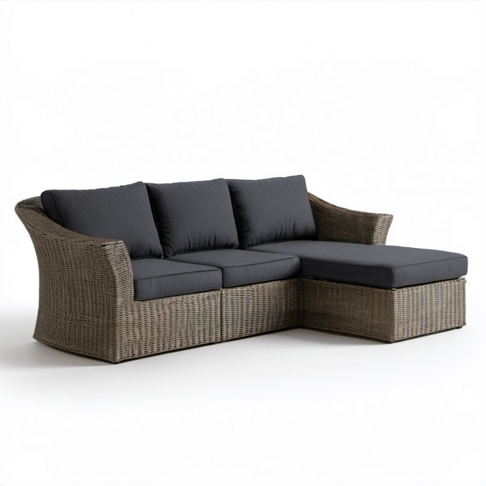Narożna sofa ogrodowa z technorattanu szarobrązowa z ciemnoszarymi poduszkami 220 x 140 x 85 cm