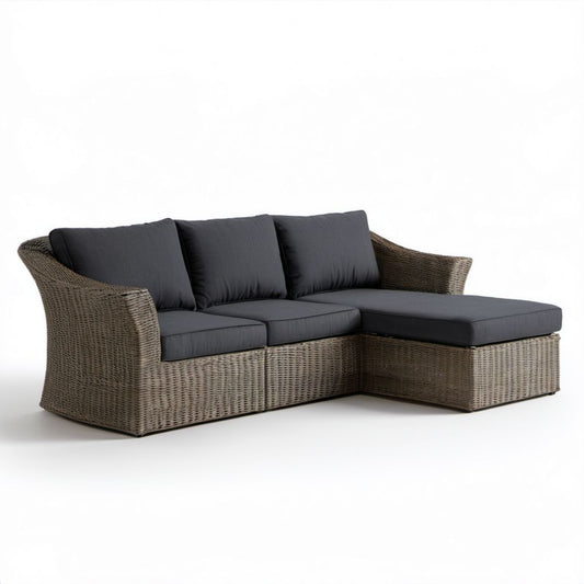 Narożna sofa ogrodowa z technorattanu szarobrązowa z ciemnoszarymi poduszkami 220 x 140 x 85 cm
