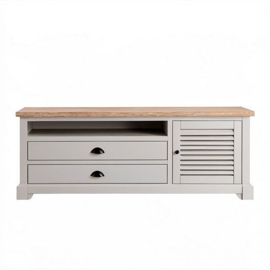 Szara szafka RTV MDF z dębowym blatem 120 x 40 x 55 cm