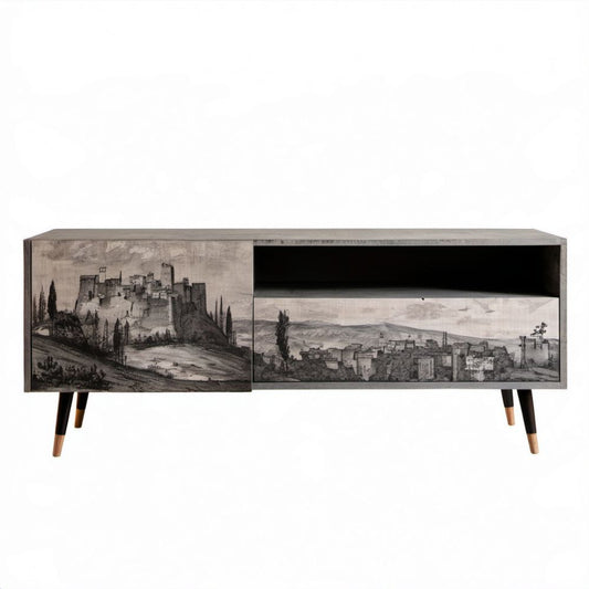 Prostokątna szafka RTV szara z laminowanej płyty MDF i drewna bukowego, 180 x 40 x 55 cm
