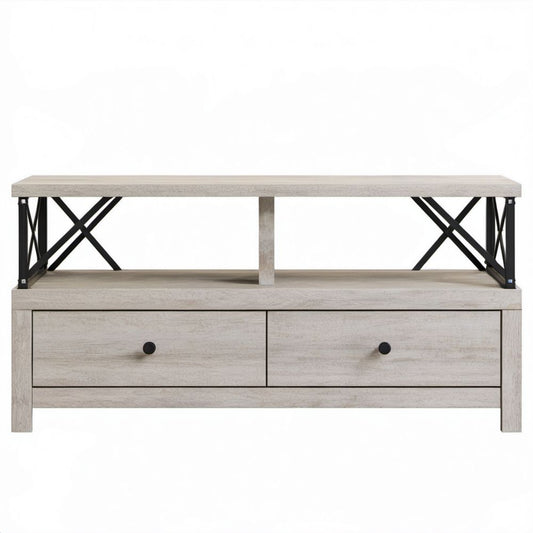 Jasnoszara szafka RTV z płyty MDF i stali 150 × 40 × 60 cm z 2 szufladami