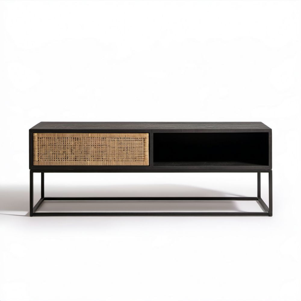Prostokątny stolik kawowy z płyty MDF, rattanu i stali, czarny/naturalny, 120 × 40 × 55 cm