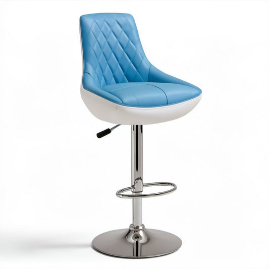 Obrotowy hoker barowy z ekoskóry niebiesko-biały na chromowanej stalowej podstawie, 50 × 52 × 93–114 cm