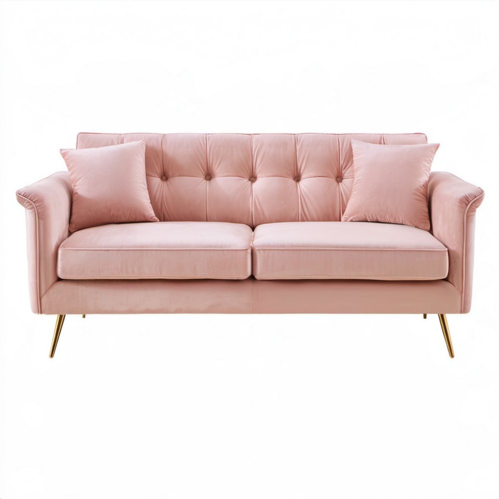 Różowa sofa dwuosobowa z aksamitną tapicerką i złotymi metalowymi nogami, 170 x 80 x 85 cm