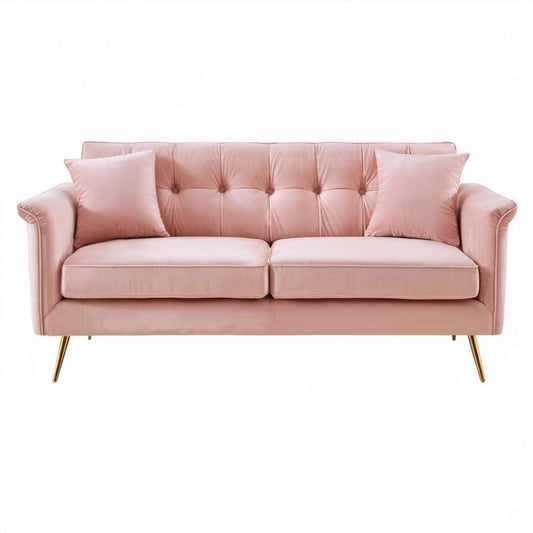 Różowa sofa dwuosobowa z aksamitną tapicerką i złotymi metalowymi nogami, 170 x 80 x 85 cm