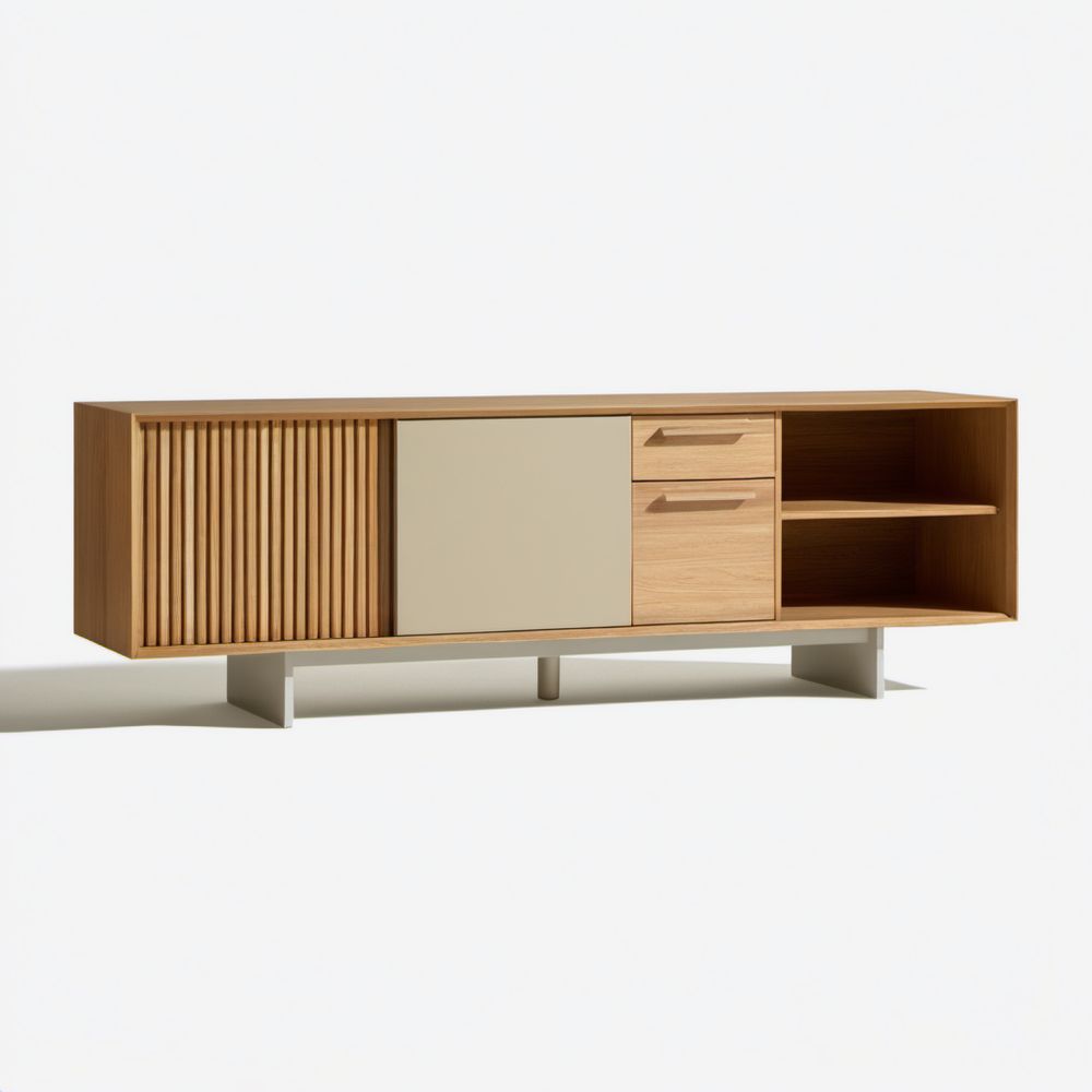 Szafka RTV z płyty MDF i płyty wiórowej, naturalny dąb/beż/biel, 200 × 40 × 70 cm