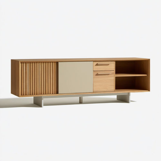Szafka RTV z płyty MDF i płyty wiórowej, naturalny dąb/beż/biel, 200 × 40 × 70 cm
