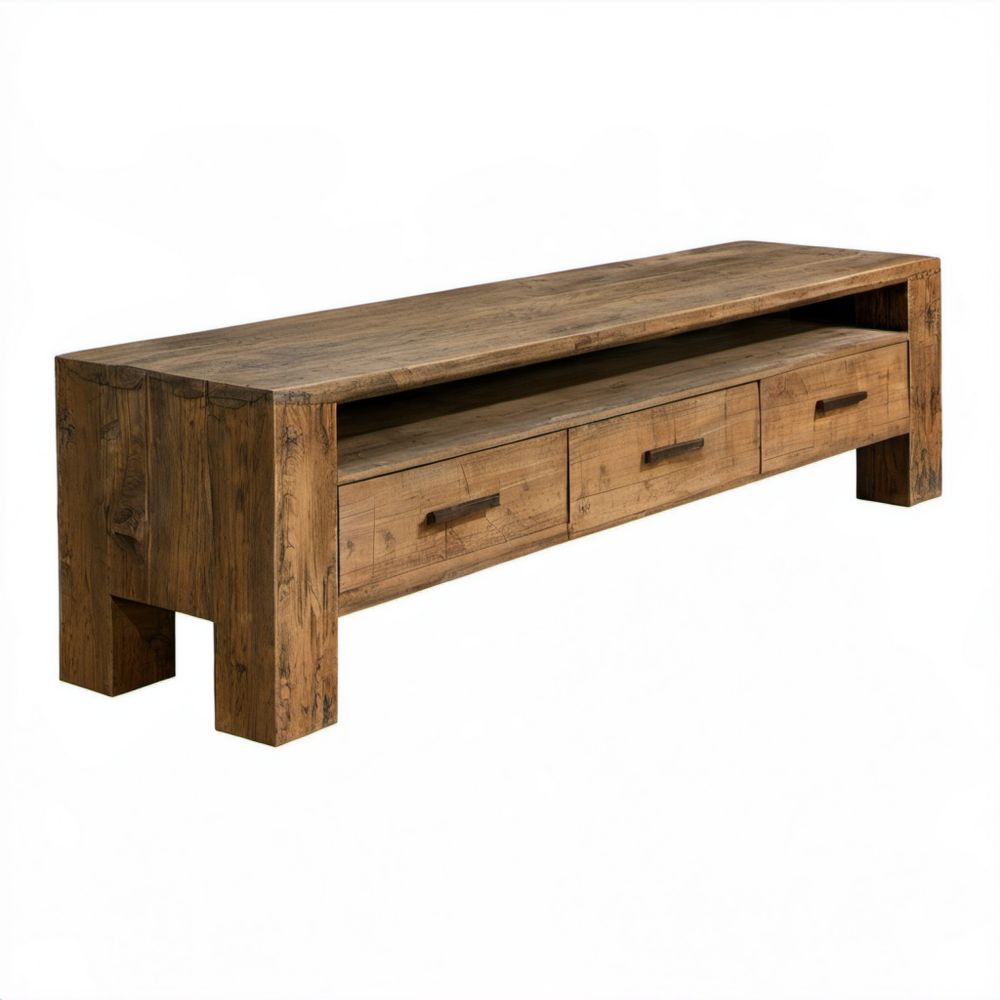 Brązowa szafka RTV z litego drewna mango 140 x 40 x 45 cm z 3 szufladami