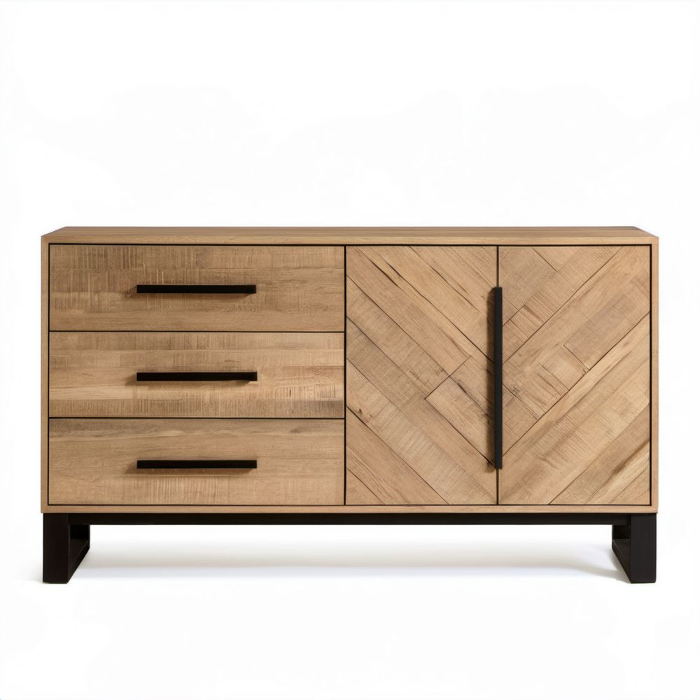 Brązowy kredens z płyty MDF z fornirem dębowym, 3 szuflady i 2 drzwi, 150 x 40 x 85 cm