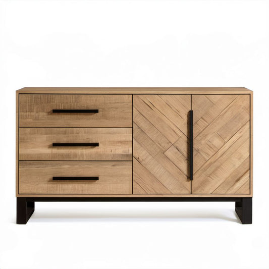 Brązowy kredens z płyty MDF z fornirem dębowym, 3 szuflady i 2 drzwi, 150 x 40 x 85 cm