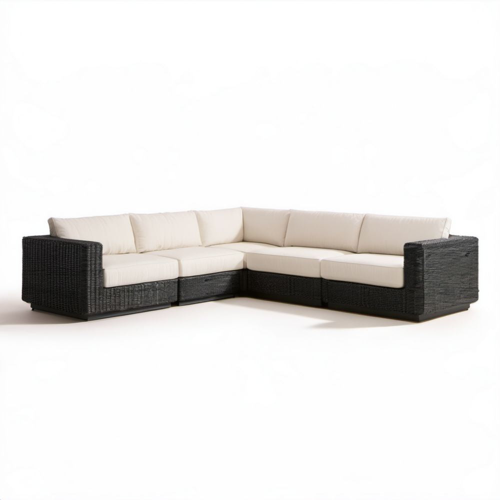 5-osobowa narożna sofa ogrodowa z rattanu PE 270 × 210 × 70 cm czarna z kremowymi poduszkami