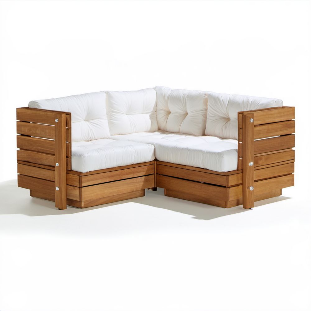 2-osobowa narożna sofa ogrodowa z litego drewna, brązowo-biała, 150 x 150 x 70 cm