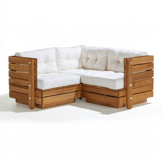 2-osobowa narożna sofa ogrodowa z litego drewna, brązowo-biała, 150 x 150 x 70 cm