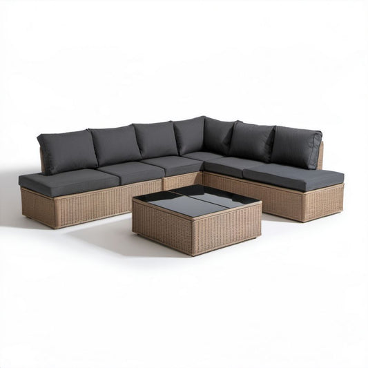 Modułowy narożnik ogrodowy z technorattanu ze stolikiem 230 x 180 x 65 cm, beżowo-szaro-czarny
