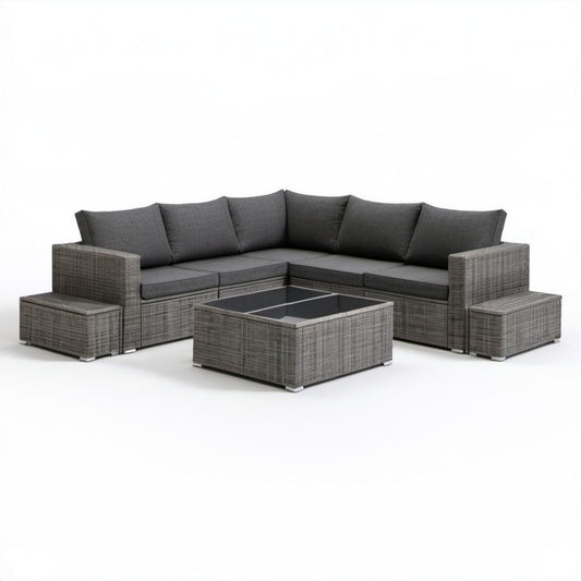 Ogrodowy zestaw mebli z technorattanu: sofa narożna 190 × 190 cm, stolik 70 × 70 cm i 2 pufy, szary/antracytowy
