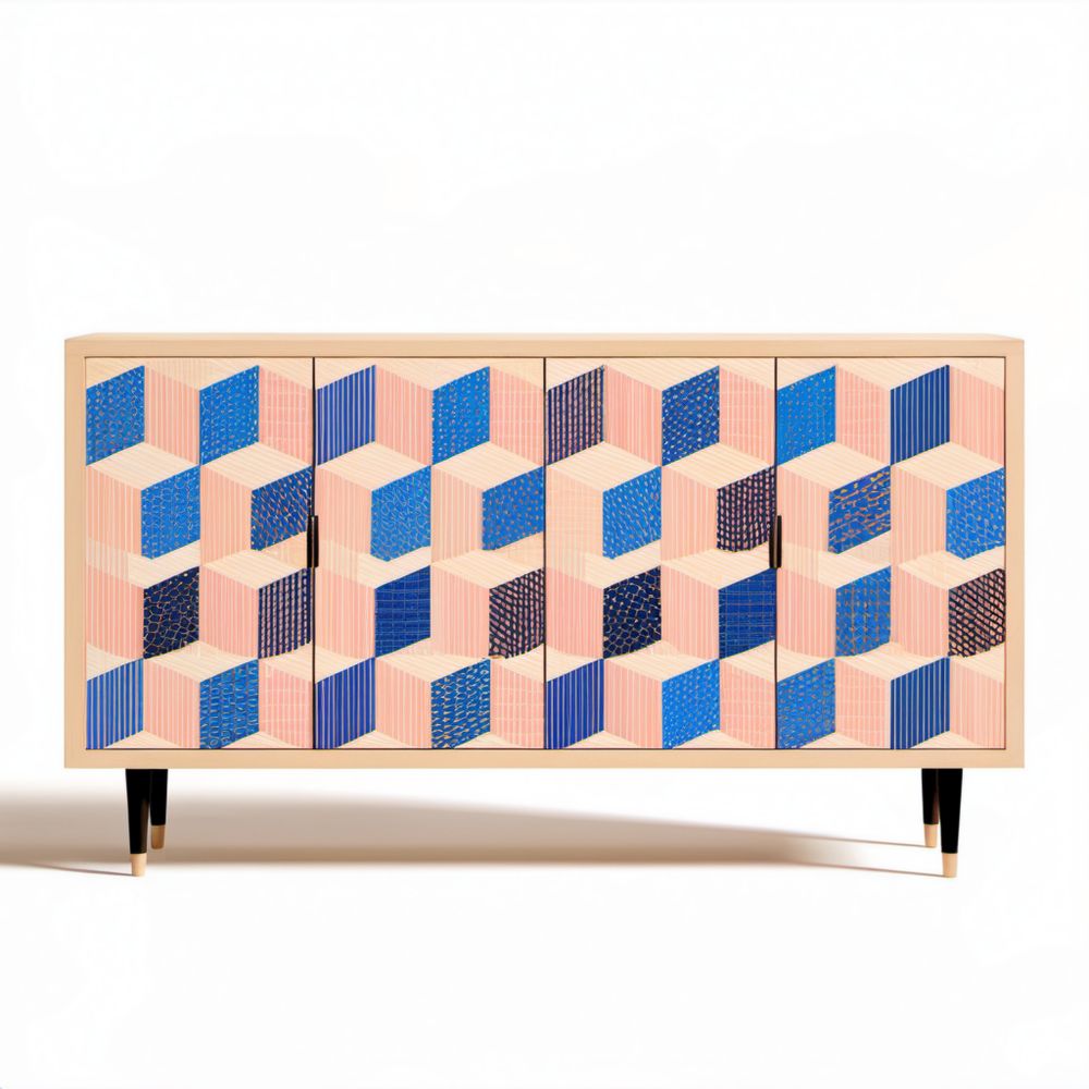 Kredens 4-drzwiowy z MDF i drewna sosnowego 160 x 40 x 85 cm, naturalny/niebieski/różowy/czarny